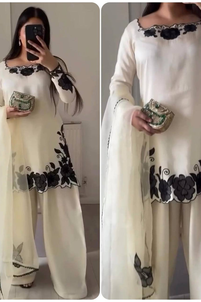 Fendi Silk Top Palazzo and Dupatta Set | Thread and Sequins Work - Rosepetals Luxe