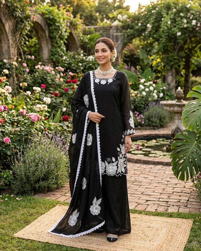 Fendi Silk Top Palazzo and Dupatta Set | Thread and Sequins Work - Rosepetals Luxe