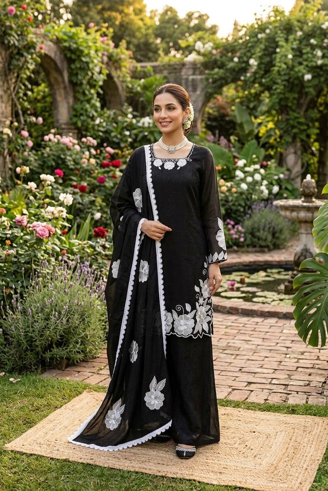 Fendi Silk Top Palazzo and Dupatta Set | Thread and Sequins Work - Rosepetals Luxe
