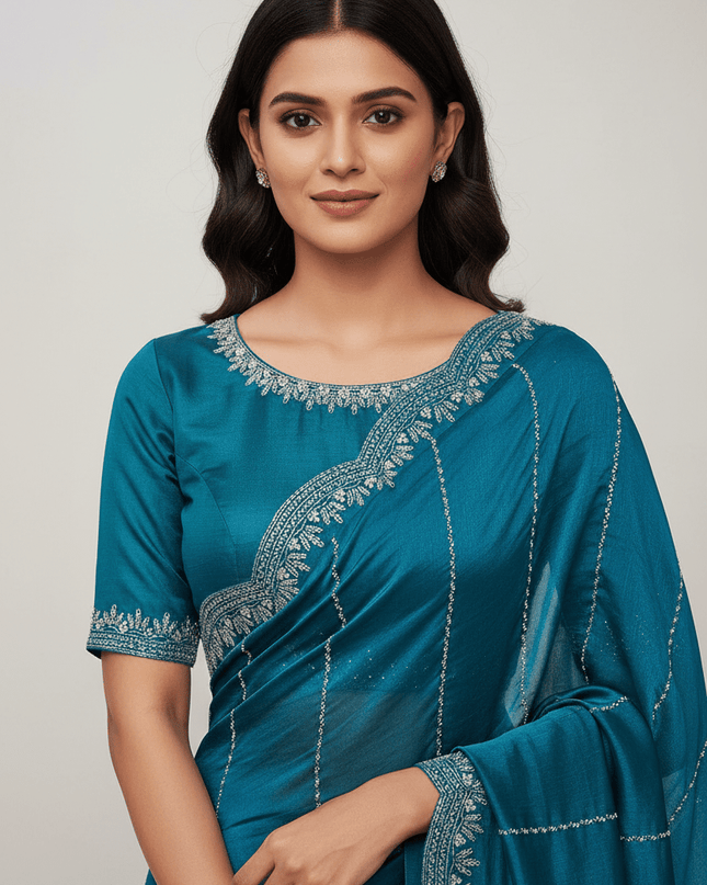 Fendy Chiffon Jarkan Diamond Work Saree with Running Blouse - Rosepetals Luxe