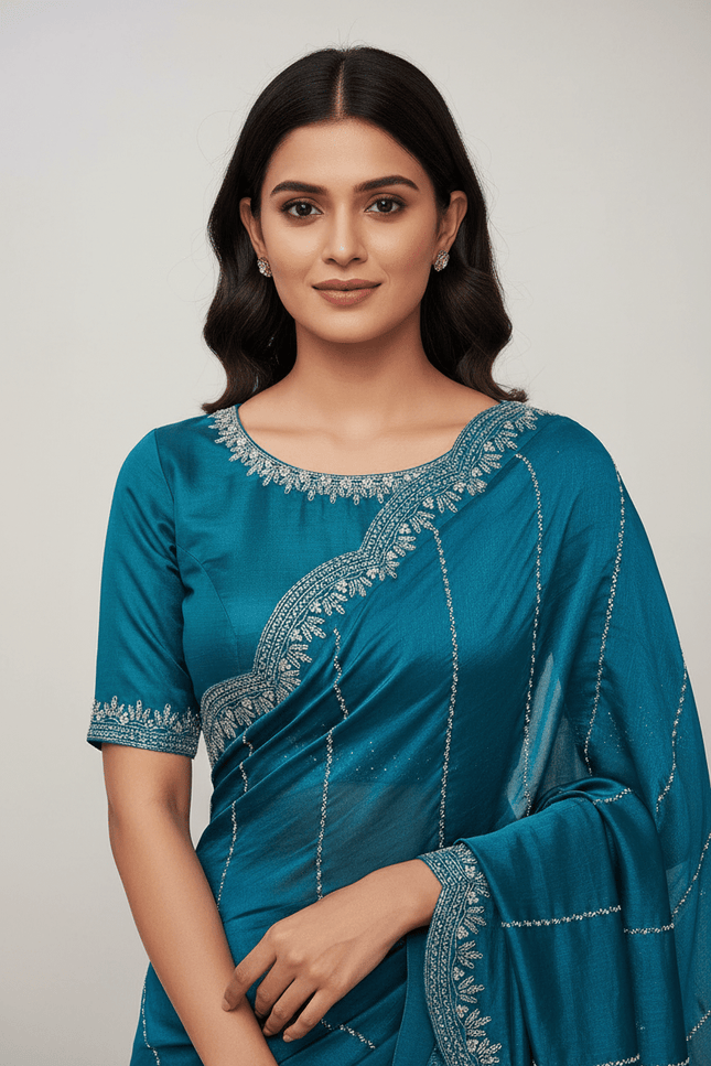 Fendy Chiffon Jarkan Diamond Work Saree with Running Blouse - Rosepetals Luxe