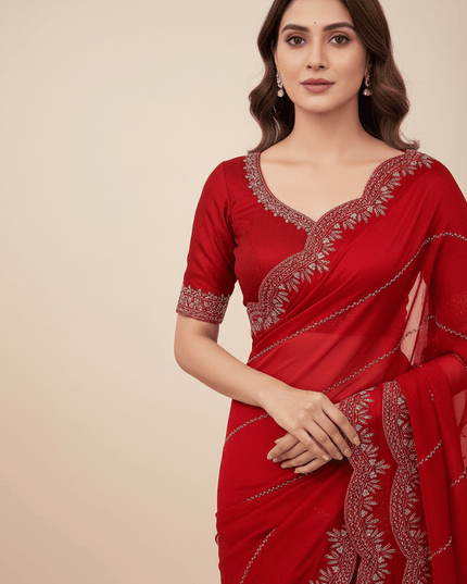 Fendy Chiffon Jarkan Diamond Work Saree with Running Blouse - Rosepetals Luxe