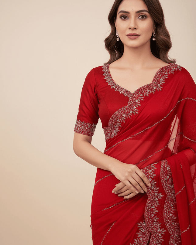 Fendy Chiffon Jarkan Diamond Work Saree with Running Blouse - Rosepetals Luxe