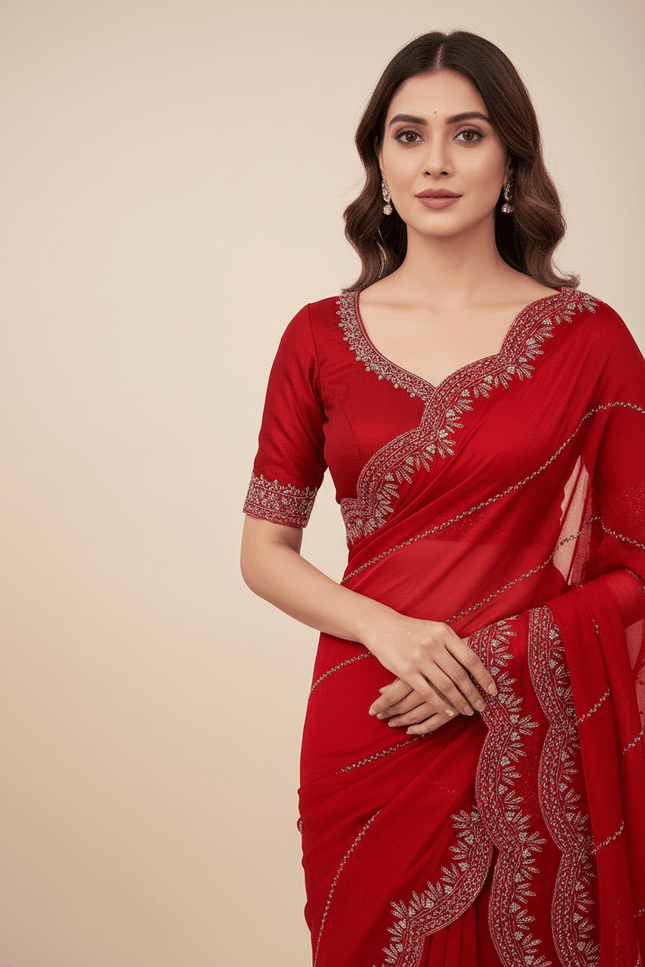 Fendy Chiffon Jarkan Diamond Work Saree with Running Blouse - Rosepetals Luxe