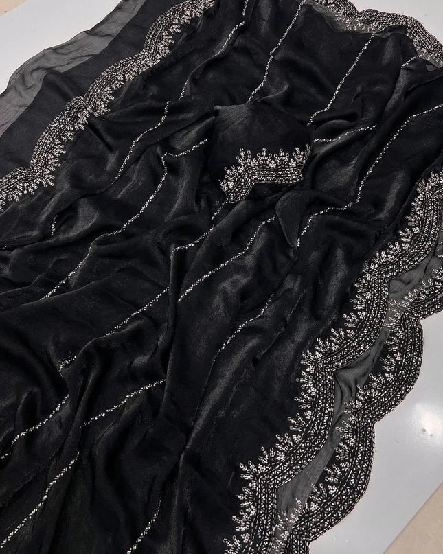 Fendy Chiffon Jarkan Diamond Work Saree with Running Blouse - Rosepetals Luxe