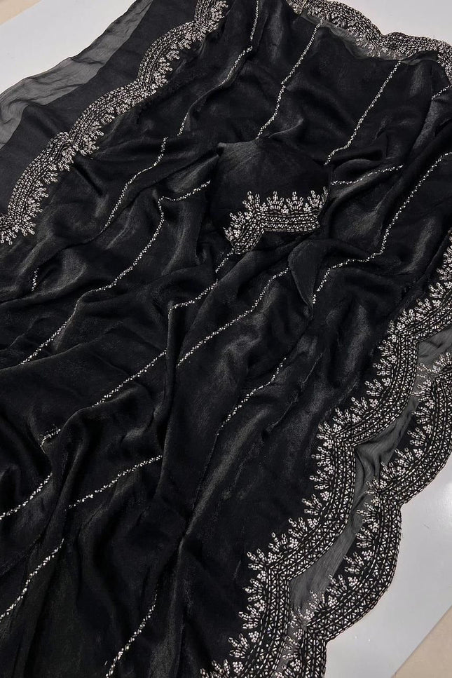 Fendy Chiffon Jarkan Diamond Work Saree with Running Blouse - Rosepetals Luxe