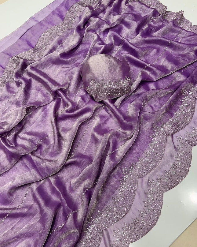 Fendy Chiffon Jarkan Diamond Work Saree with Running Blouse - Rosepetals Luxe