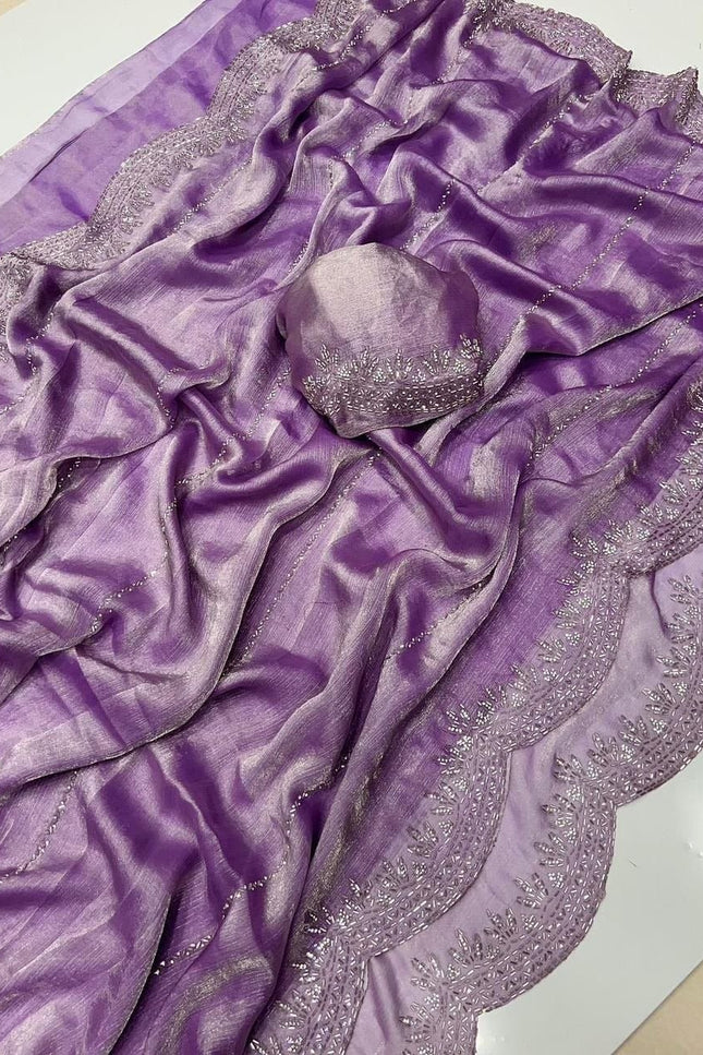 Fendy Chiffon Jarkan Diamond Work Saree with Running Blouse - Rosepetals Luxe