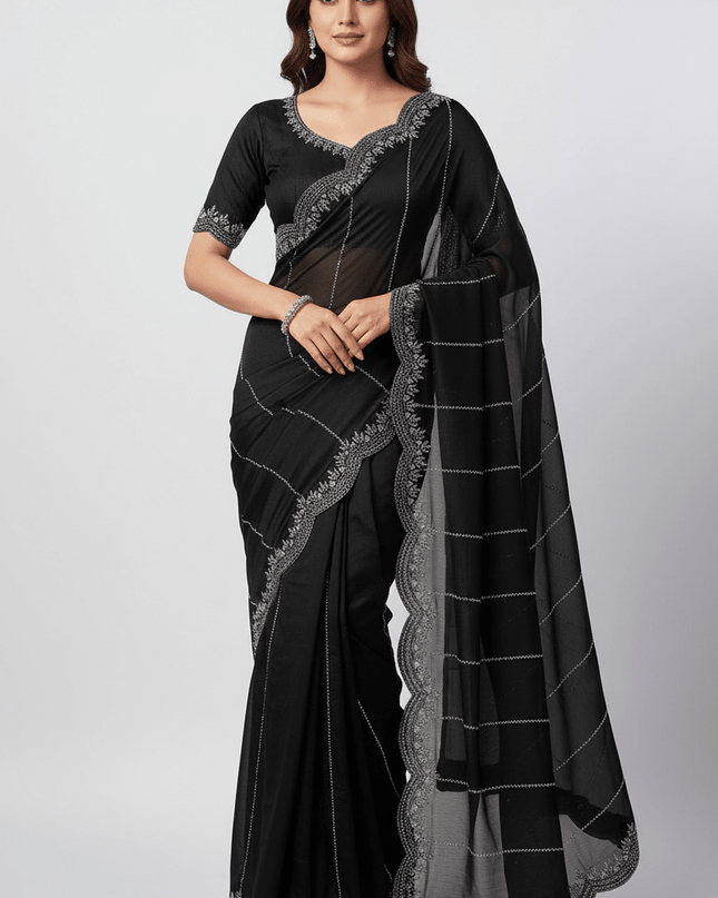 Fendy Chiffon Jarkan Diamond Work Saree with Running Blouse - Rosepetals Luxe