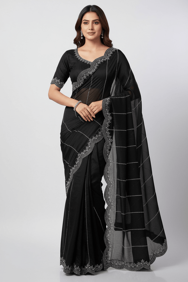 Fendy Chiffon Jarkan Diamond Work Saree with Running Blouse - Rosepetals Luxe
