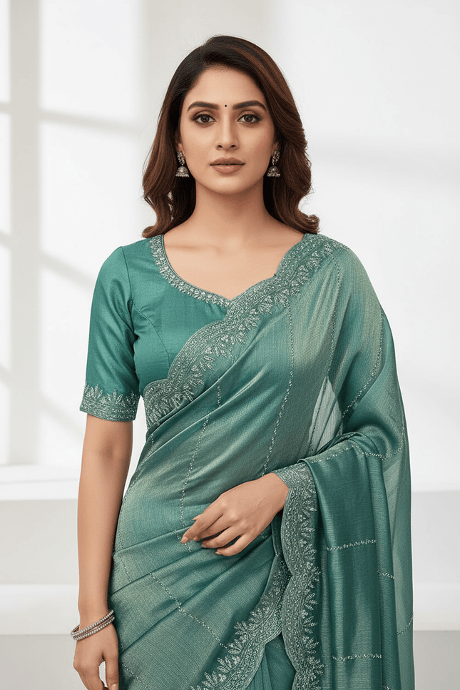 Fendy Chiffon Jarkan Diamond Work Saree with Running Blouse - Rosepetals Luxe