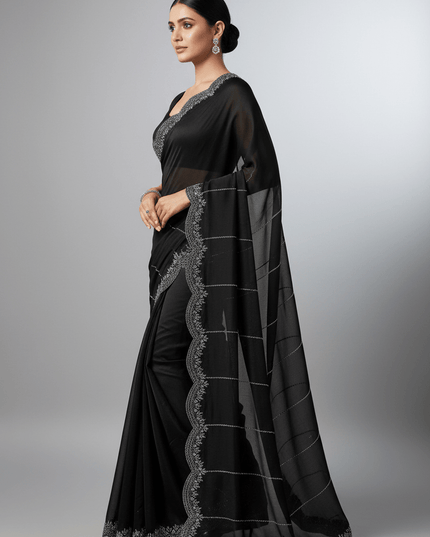 Fendy Chiffon Jarkan Diamond Work Saree with Running Blouse - Rosepetals Luxe