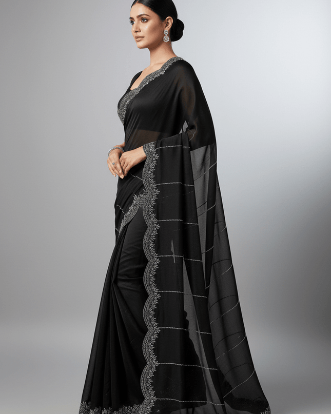 Fendy Chiffon Jarkan Diamond Work Saree with Running Blouse - Rosepetals Luxe
