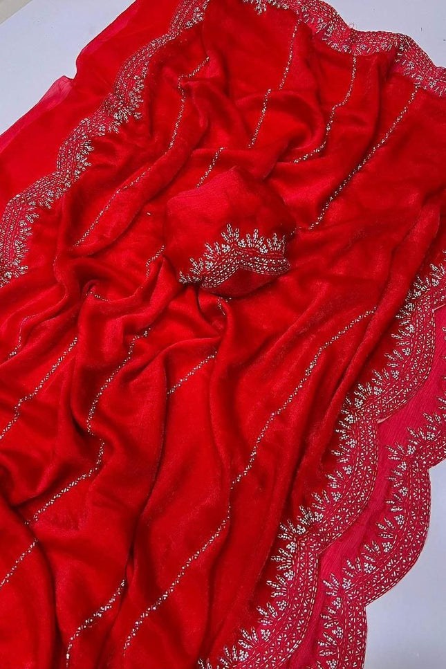 Fendy Chiffon Jarkan Diamond Work Saree with Running Blouse - Rosepetals Luxe