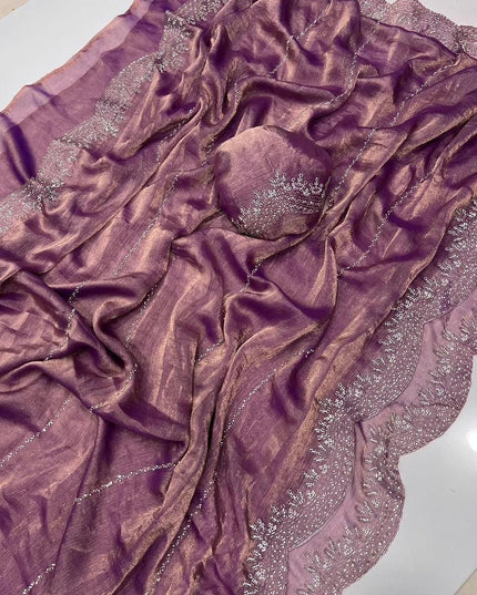 Fendy Chiffon Jarkan Diamond Work Saree with Running Blouse - Rosepetals Luxe
