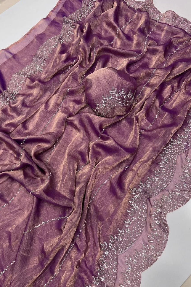 Fendy Chiffon Jarkan Diamond Work Saree with Running Blouse - Rosepetals Luxe