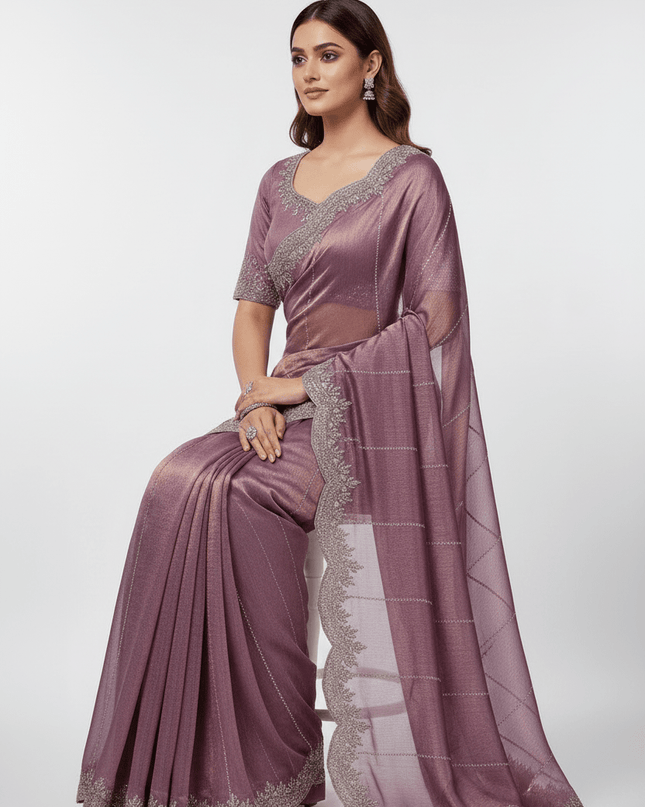 Fendy Chiffon Jarkan Diamond Work Saree with Running Blouse - Rosepetals Luxe