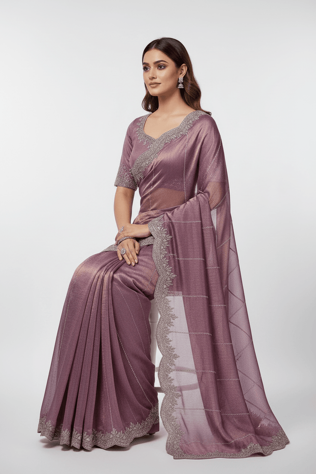 Fendy Chiffon Jarkan Diamond Work Saree with Running Blouse - Rosepetals Luxe