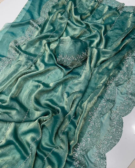 Fendy Chiffon Jarkan Diamond Work Saree with Running Blouse - Rosepetals Luxe