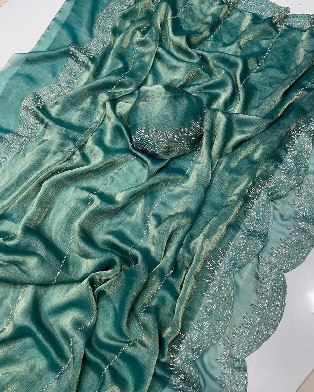 Fendy Chiffon Jarkan Diamond Work Saree with Running Blouse - Rosepetals Luxe