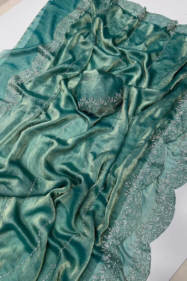 Fendy Chiffon Jarkan Diamond Work Saree with Running Blouse - Rosepetals Luxe