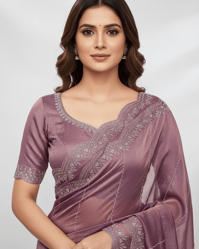Fendy Chiffon Jarkan Diamond Work Saree with Running Blouse - Rosepetals Luxe
