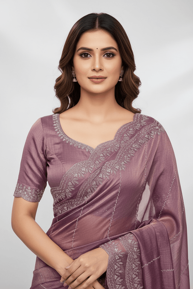 Fendy Chiffon Jarkan Diamond Work Saree with Running Blouse - Rosepetals Luxe