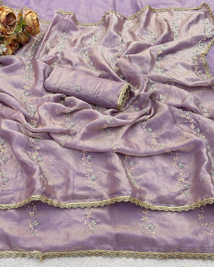 Fendy Satin Saree with Heavy Beads Work | Fendy Satin Blouse Piece - Rosepetals Luxe