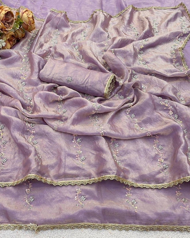 Fendy Satin Saree with Heavy Beads Work | Fendy Satin Blouse Piece - Rosepetals Luxe