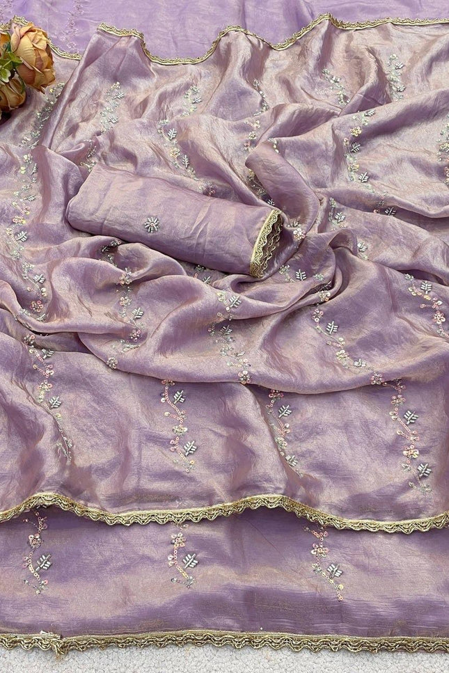 Fendy Satin Saree with Heavy Beads Work | Fendy Satin Blouse Piece - Rosepetals Luxe