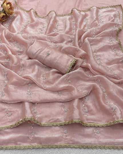 Fendy Satin Saree with Heavy Beads Work | Fendy Satin Blouse Piece - Rosepetals Luxe