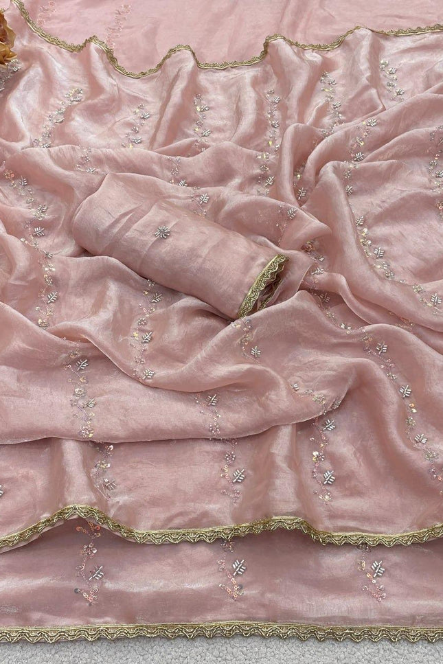 Fendy Satin Saree with Heavy Beads Work | Fendy Satin Blouse Piece - Rosepetals Luxe