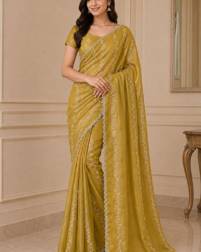 Fendy Satin Saree with Heavy Beads Work | Fendy Satin Blouse Piece - Rosepetals Luxe
