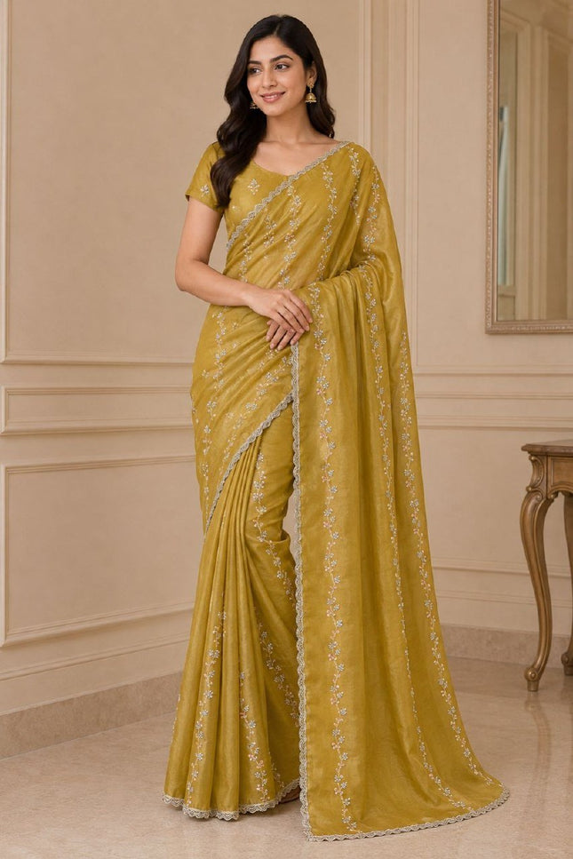 Fendy Satin Saree with Heavy Beads Work | Fendy Satin Blouse Piece - Rosepetals Luxe