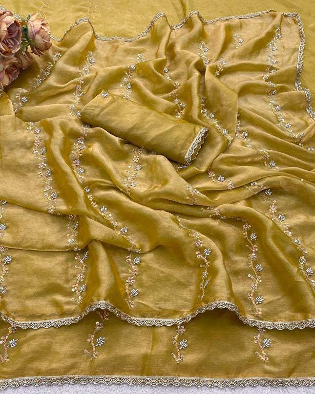 Fendy Satin Saree with Heavy Beads Work | Fendy Satin Blouse Piece - Rosepetals Luxe