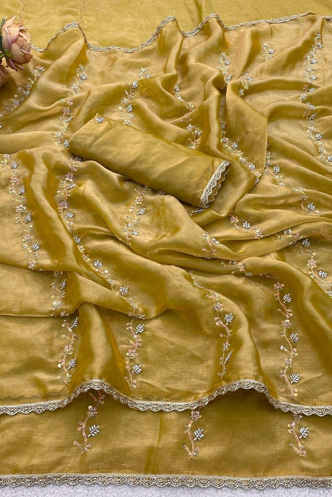 Fendy Satin Saree with Heavy Beads Work | Fendy Satin Blouse Piece - Rosepetals Luxe