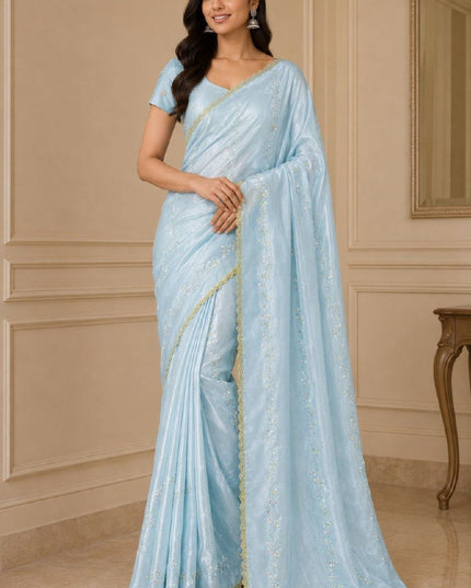 Fendy Satin Saree with Heavy Beads Work | Fendy Satin Blouse Piece - Rosepetals Luxe