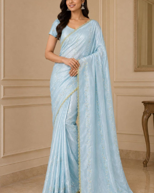 Fendy Satin Saree with Heavy Beads Work | Fendy Satin Blouse Piece - Rosepetals Luxe