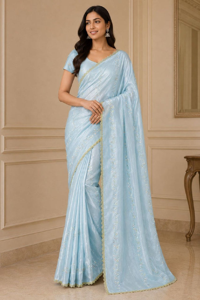 Fendy Satin Saree with Heavy Beads Work | Fendy Satin Blouse Piece - Rosepetals Luxe