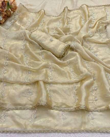 Fendy Satin Saree with Heavy Beads Work | Fendy Satin Blouse Piece - Rosepetals Luxe