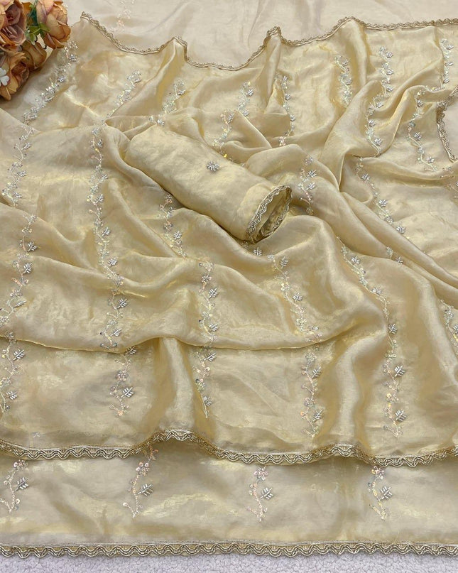 Fendy Satin Saree with Heavy Beads Work | Fendy Satin Blouse Piece - Rosepetals Luxe