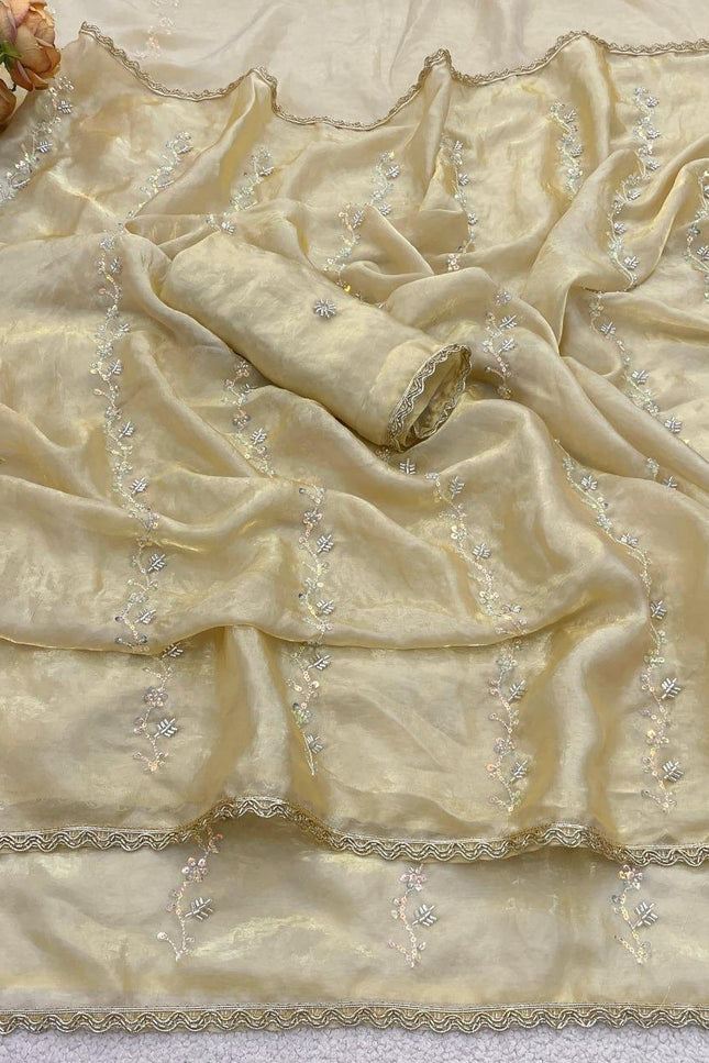 Fendy Satin Saree with Heavy Beads Work | Fendy Satin Blouse Piece - Rosepetals Luxe