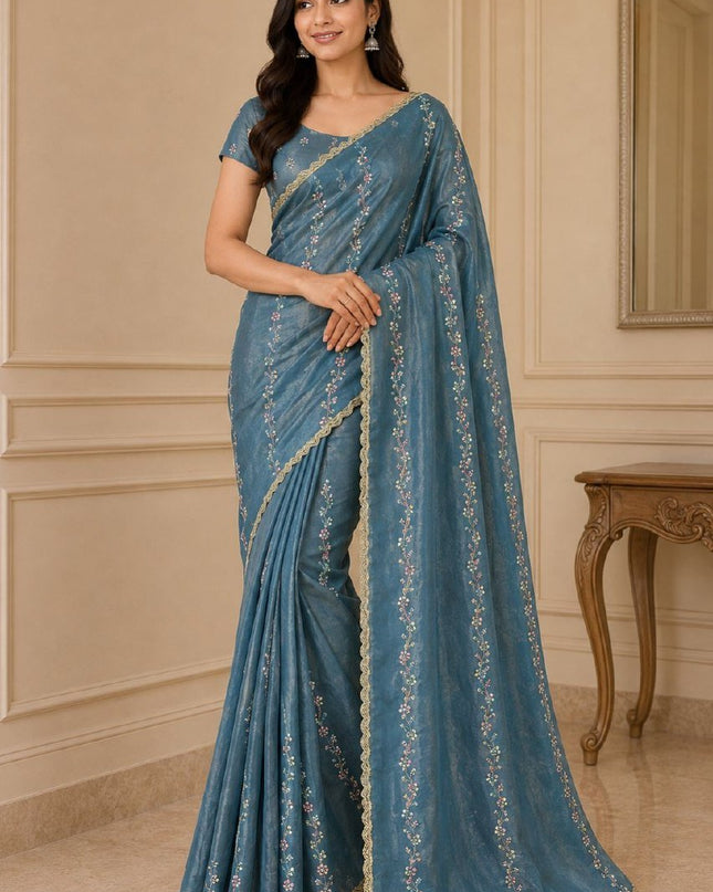 Fendy Satin Saree with Heavy Beads Work | Fendy Satin Blouse Piece - Rosepetals Luxe