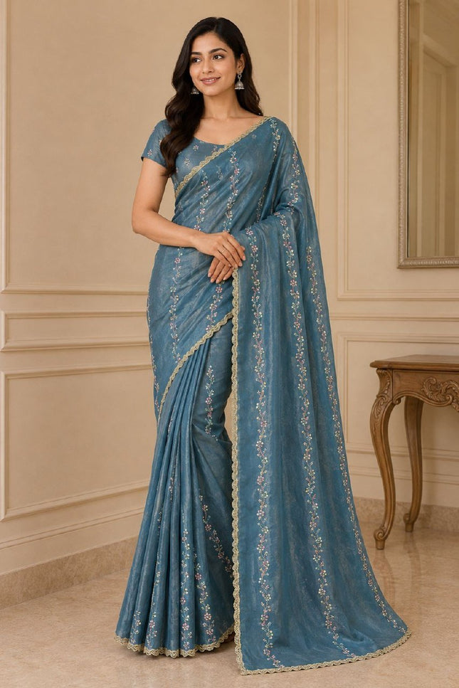 Fendy Satin Saree with Heavy Beads Work | Fendy Satin Blouse Piece - Rosepetals Luxe