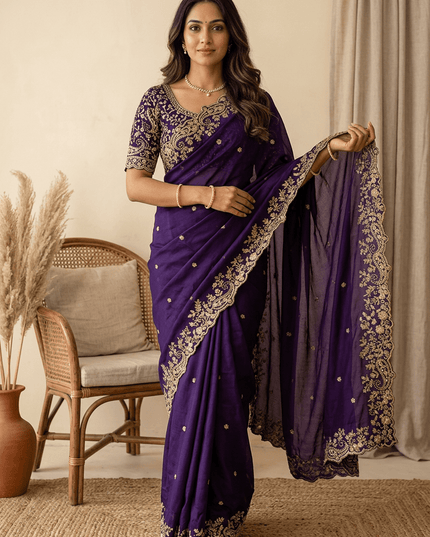Fendy Silk Embroidered Saree with Sequins - Rosepetals Luxe