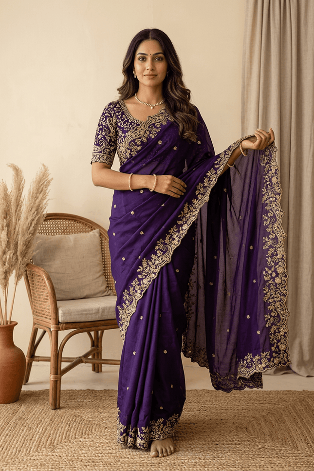 Fendy Silk Embroidered Saree with Sequins - Rosepetals Luxe
