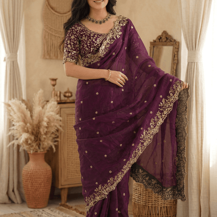 Fendy Silk Embroidered Saree with Sequins - Rosepetals Luxe