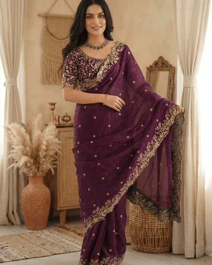 Fendy Silk Embroidered Saree with Sequins - Rosepetals Luxe