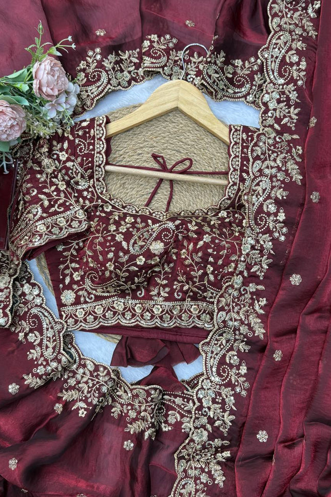 Fendy Silk Embroidered Saree with Sequins - Rosepetals Luxe