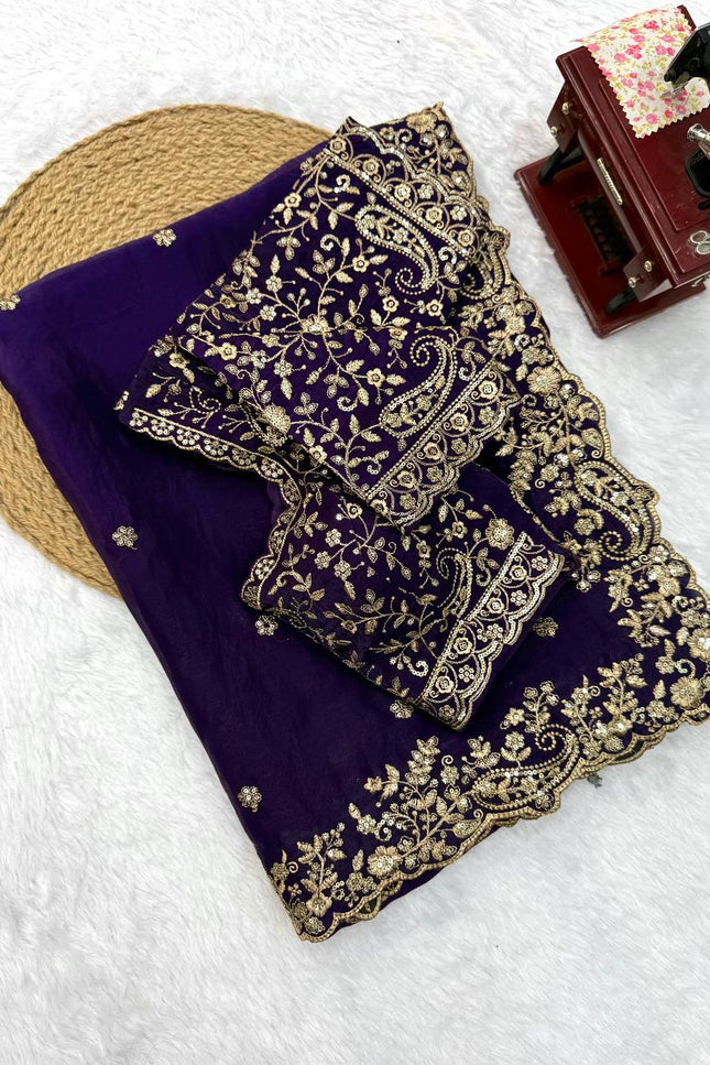 Fendy Silk Embroidered Saree with Sequins - Rosepetals Luxe